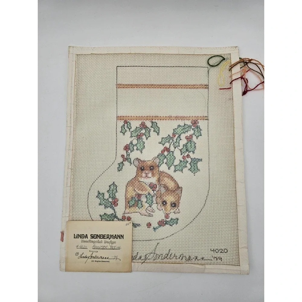 Vtg Linda Sondermann Handpainted‎ Needlepoint Canvas Christmas Stocking Hampster